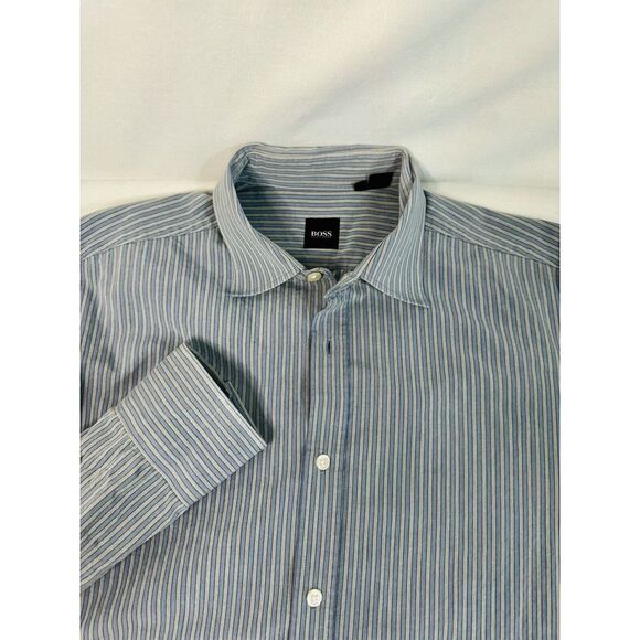 Hugo Boss Other - Hugo Boss Mens L‎ Blue Grey Stripe Long Sleeve Button Down Shirt